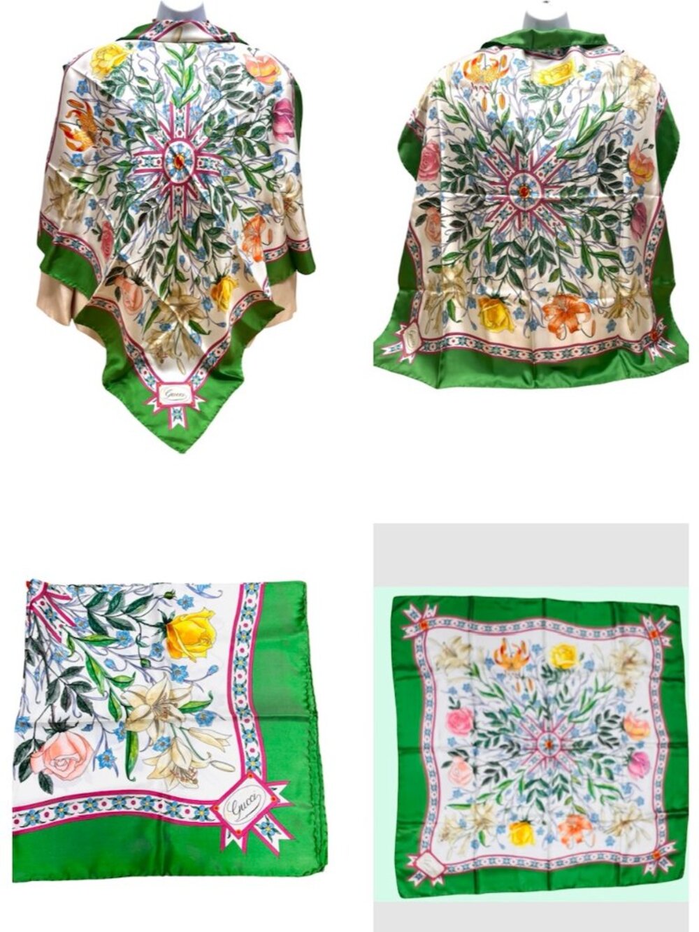 Beautiful Gucci V. ACCORNERO Floral Silk Satin Scarf  Green Beige Pink Flora (22 - Picture 10 of 16